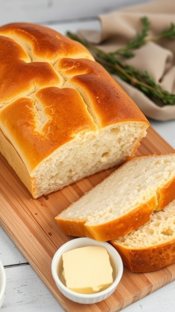 Quick 20-Minute Homemade Bread Recipe Freshly baked homemade bread loaf sliced on a cutting board with butter.